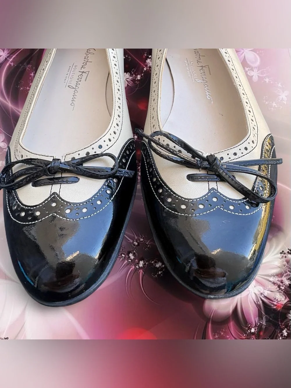 RARE vtg 90s Salvatore Ferragamo leather spectator brogue ballet flats, sz 7.5